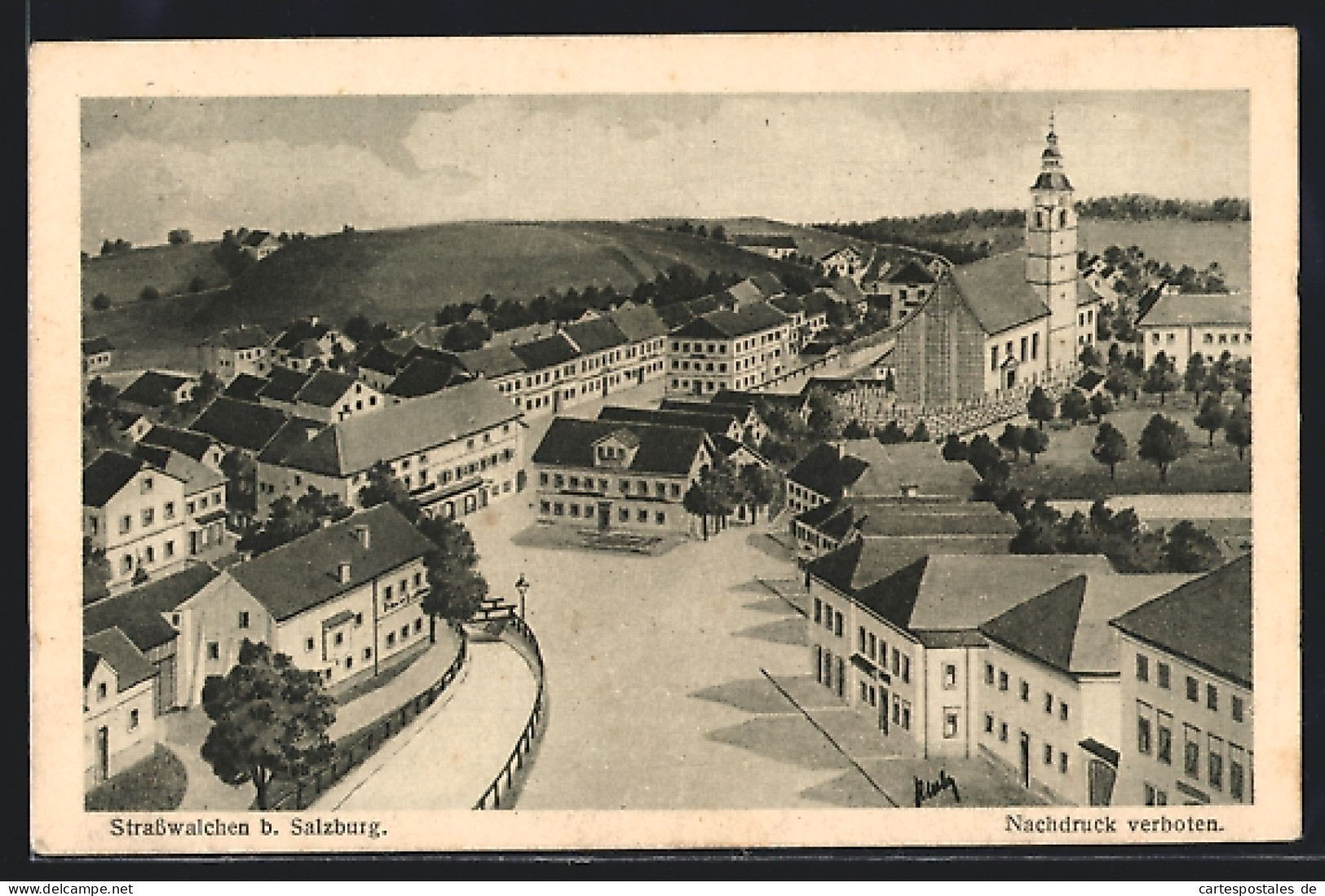 Künstler-AK Strasswalchen bei Salzburg, Blick in den Ort