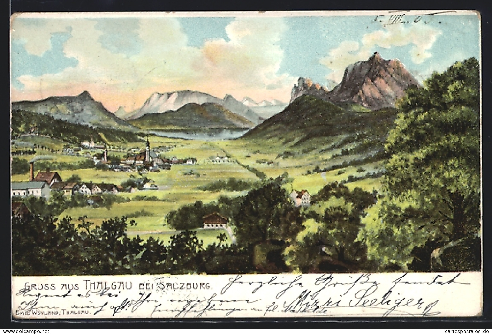 Künstler-AK Thalgau, Ortspartie im Gebirge