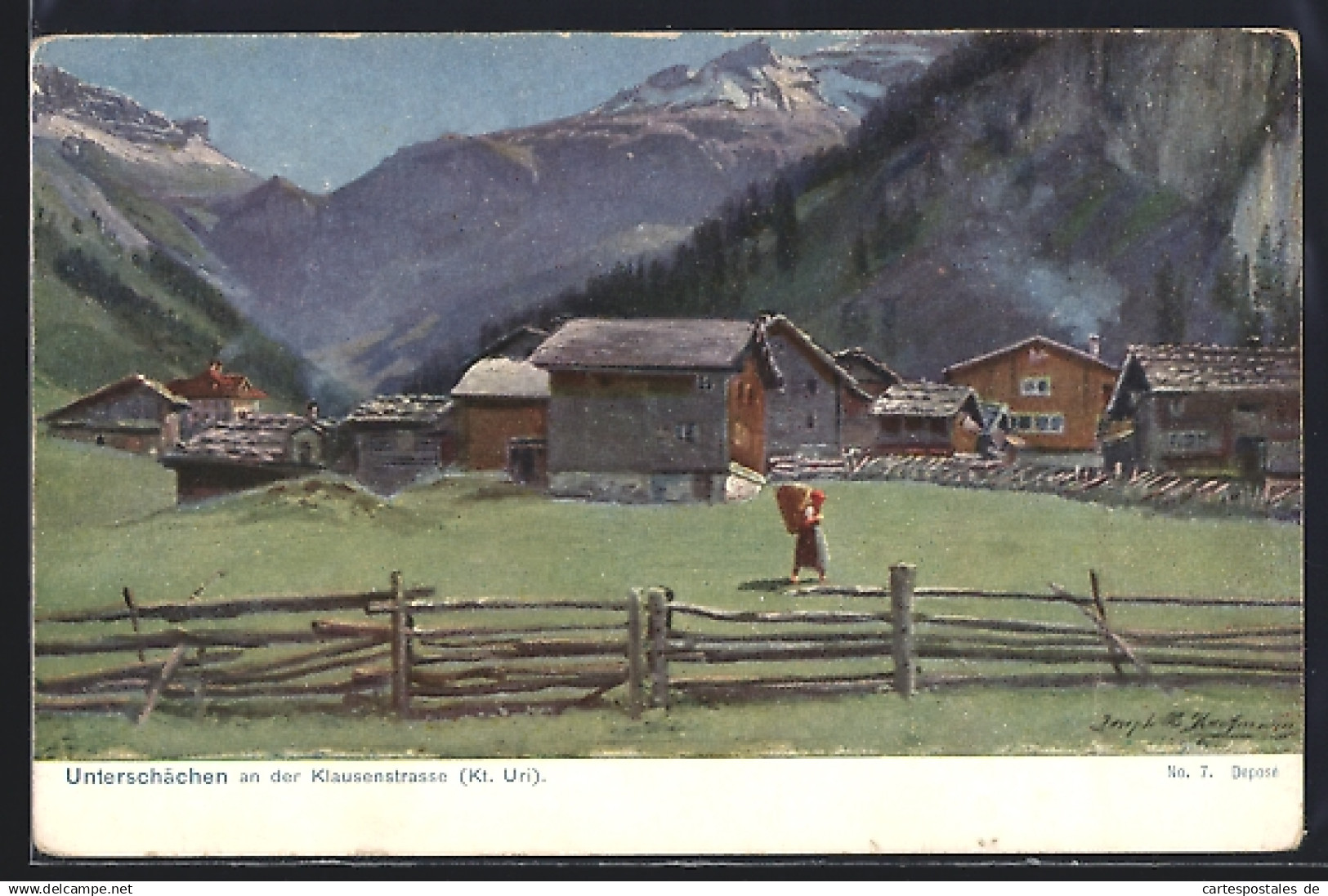 Künstler-AK Unterschächen, Hütten an der Klausenstrasse