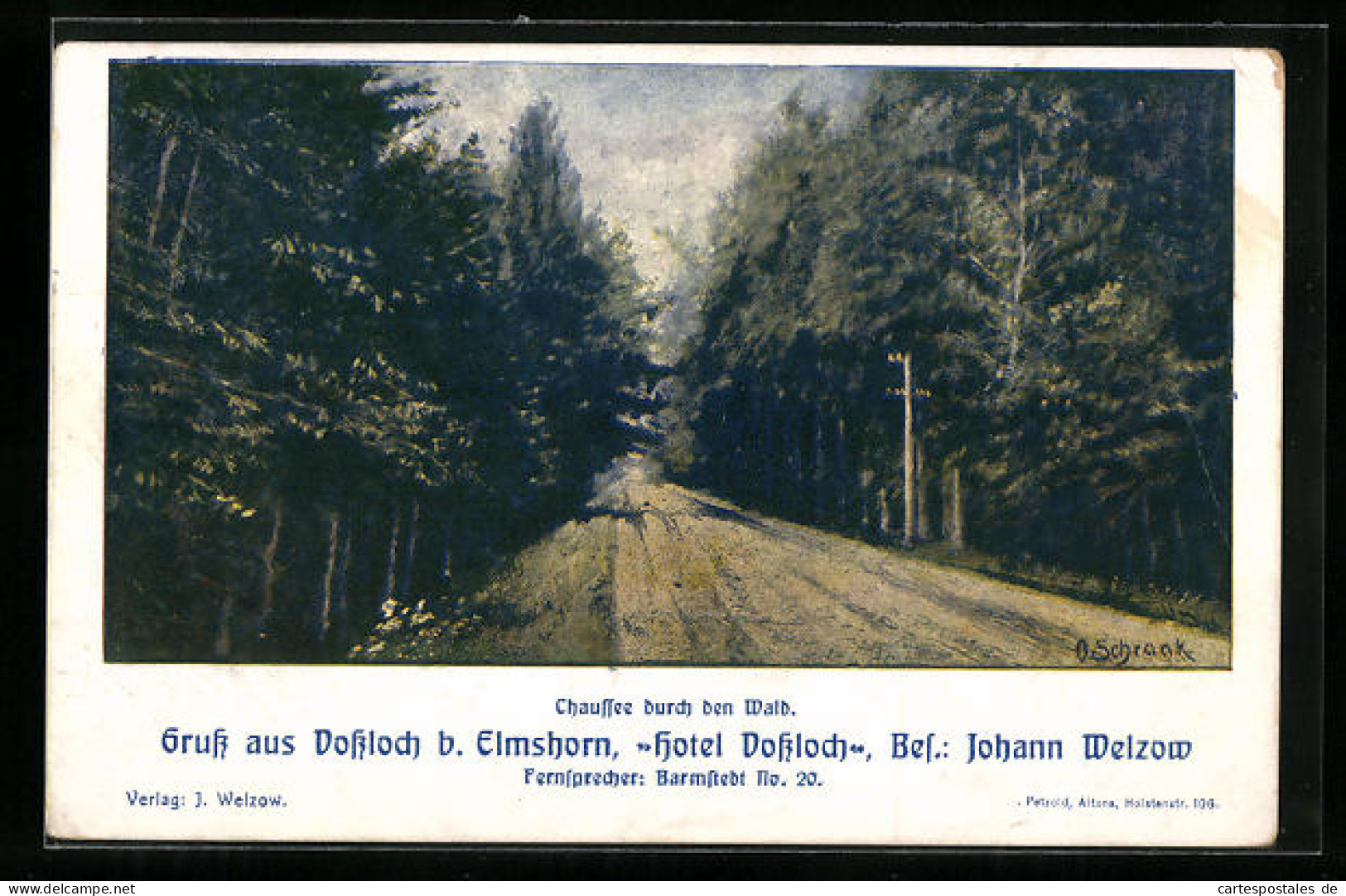 Künstler-AK Vossloch b. Elmshorn, Hotel Vossloch von Johann Welzow, Chaussée durch den Wald