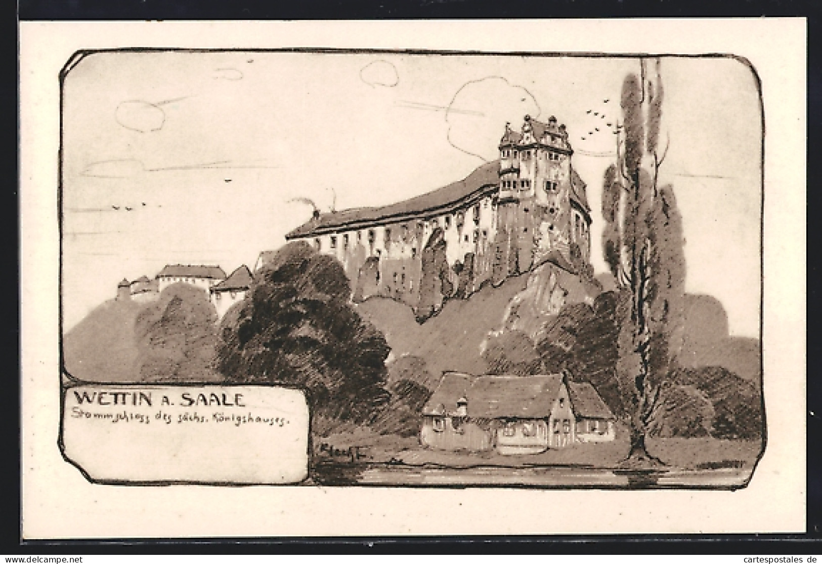 Künstler-AK Wettin, Stammschloss und Umgebung