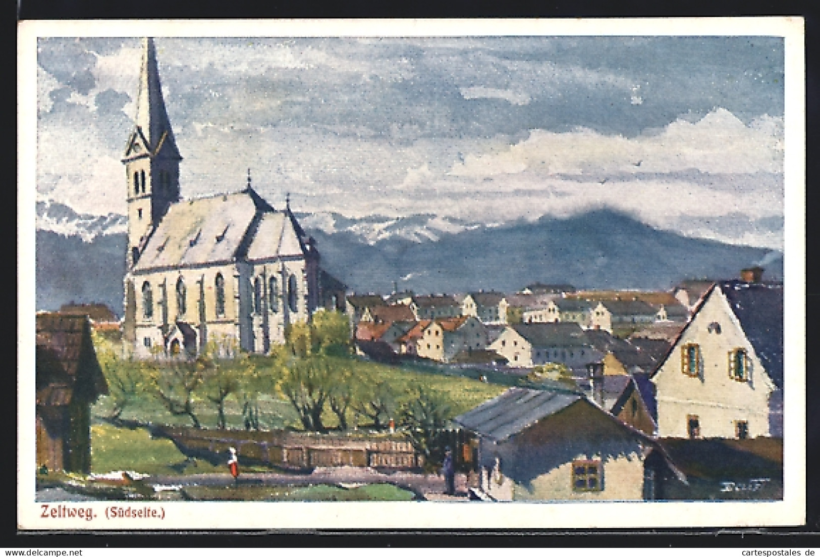 Künstler-AK Zeltweg, Teilansicht mit Kirche