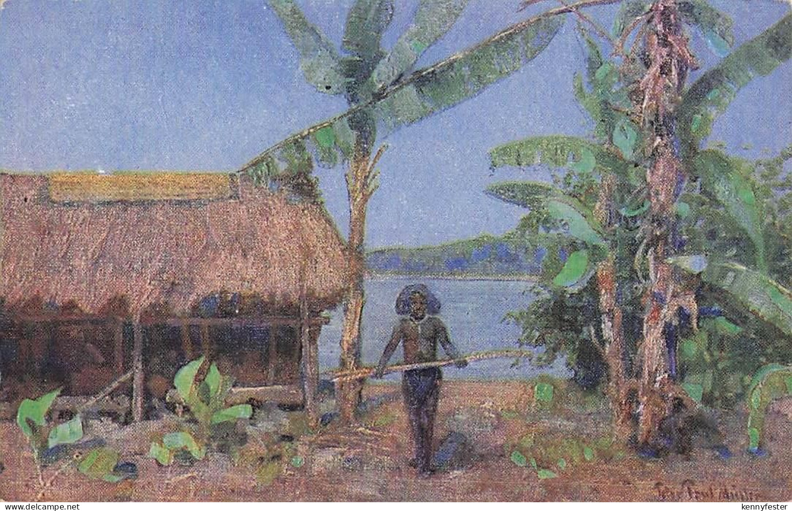 Künstler Ansichtskarte / Postkarte Peter Paul Müller, Papua Neuguinea, Einheimischer vor Hütte, Palmen
