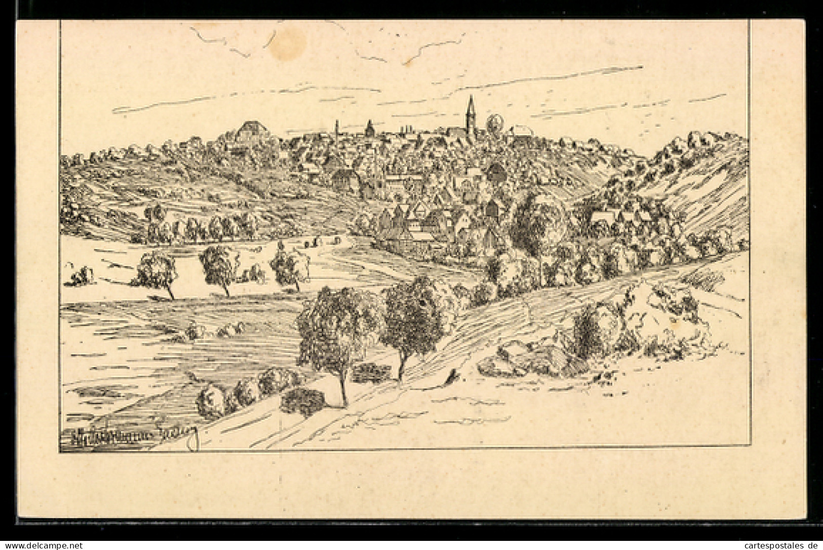 Künstler-Lithographie Grünberg in Hessen, Ortspanorama mit Kirche