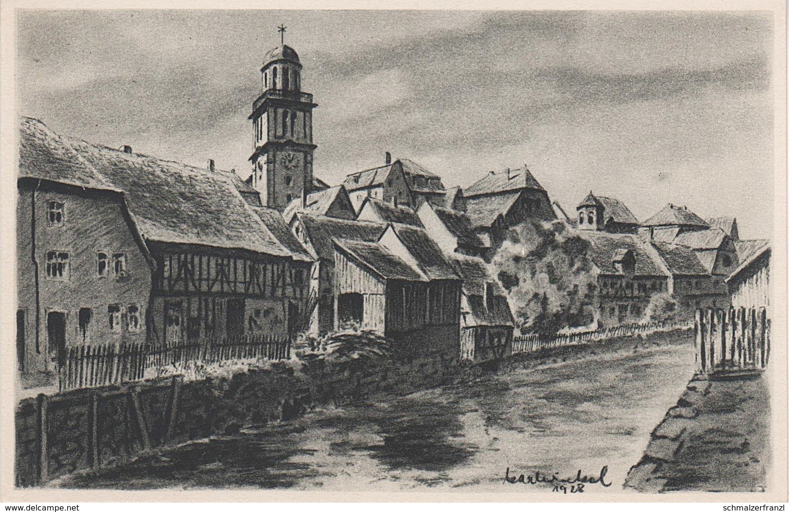 Künstlerkarte Stich AK Lauterbach H. Hessen nach Kohlezeichnung von K. Winkel Lauter Kirche Rathaus ? Vogelsbergkreis