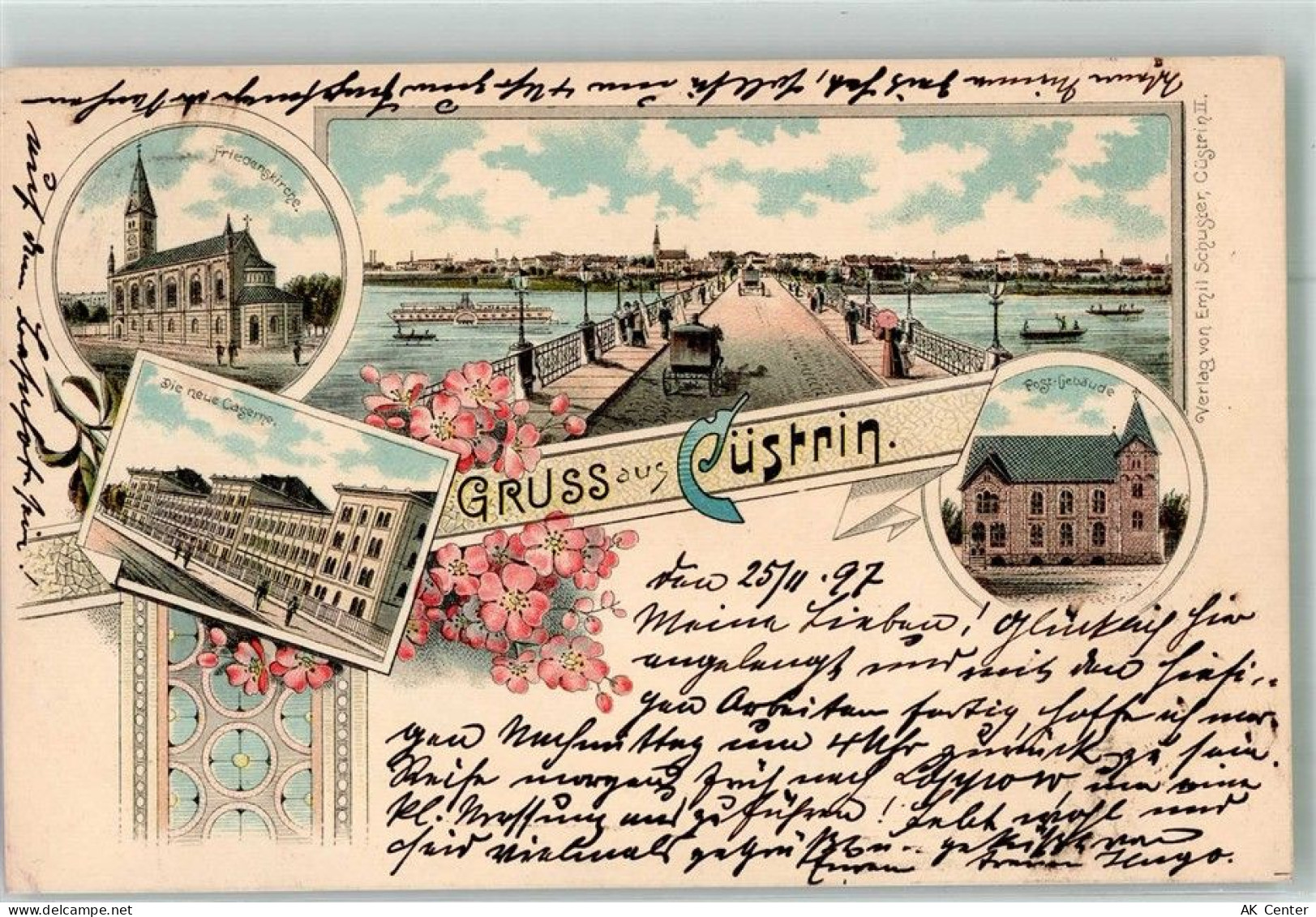 Küstrin Kostrzyn nad Odra 1897 Lithographie Kaserne Postamt Friedens- Ki... - 13672925