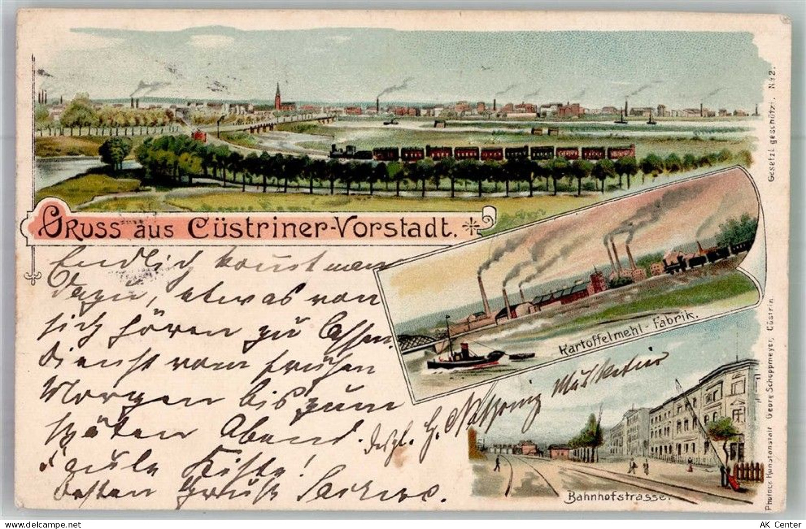 Küstrin Kostrzyn nad Odra 1900 Lithographie Kartoffelmehl- Fabrik Bahnho... - 13673523