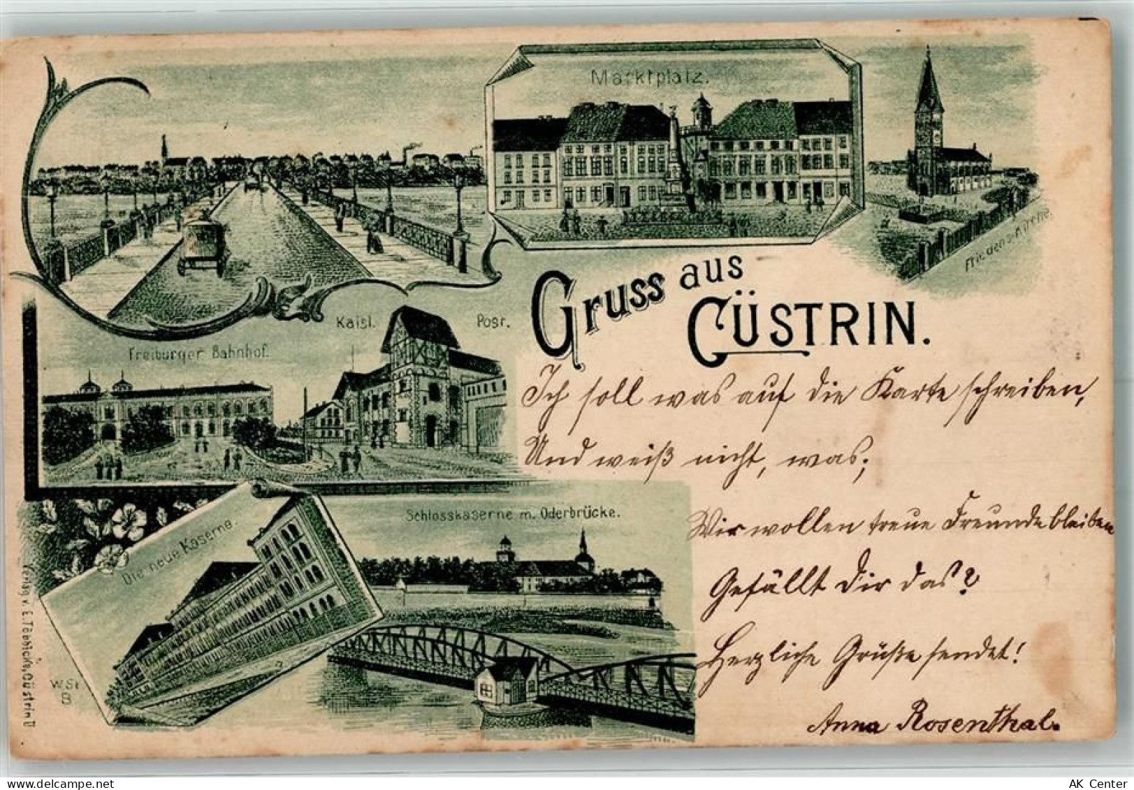 Küstrin Kostrzyn nad Odra 1900 Lithographie Marktplatz Friedenskirche Fr... - 13633573