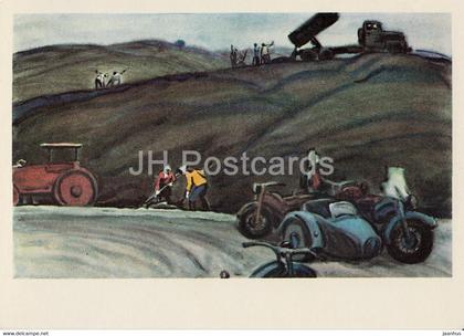across Kyrgyzstan by V. Rogachev - Road Repair - tractor - motorbike - illustration - 1979 - Russia USSR - unused