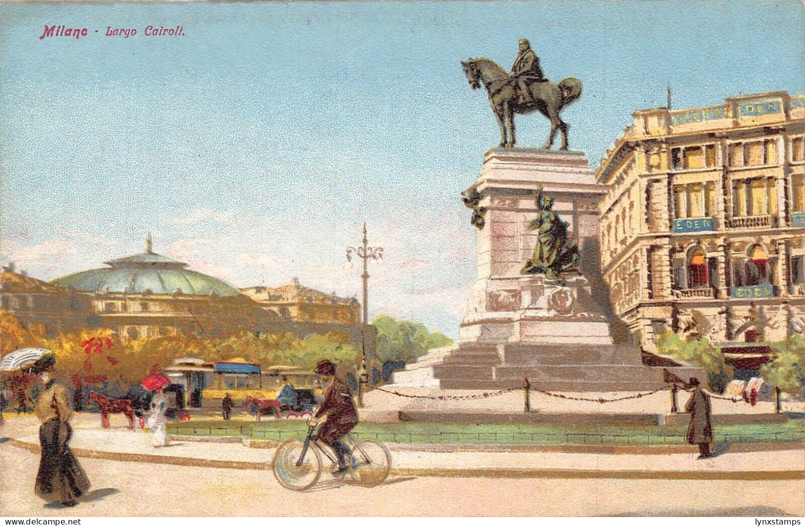 L279 Italy Milano Milan Largo Cairoli Statue Bicyclist vintage postcard