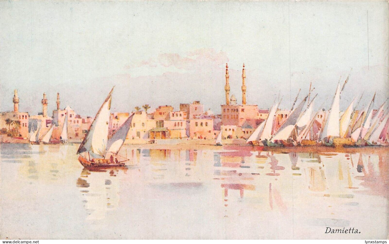 L382 Egypt Damietta sailing boats view painting vintage postcard