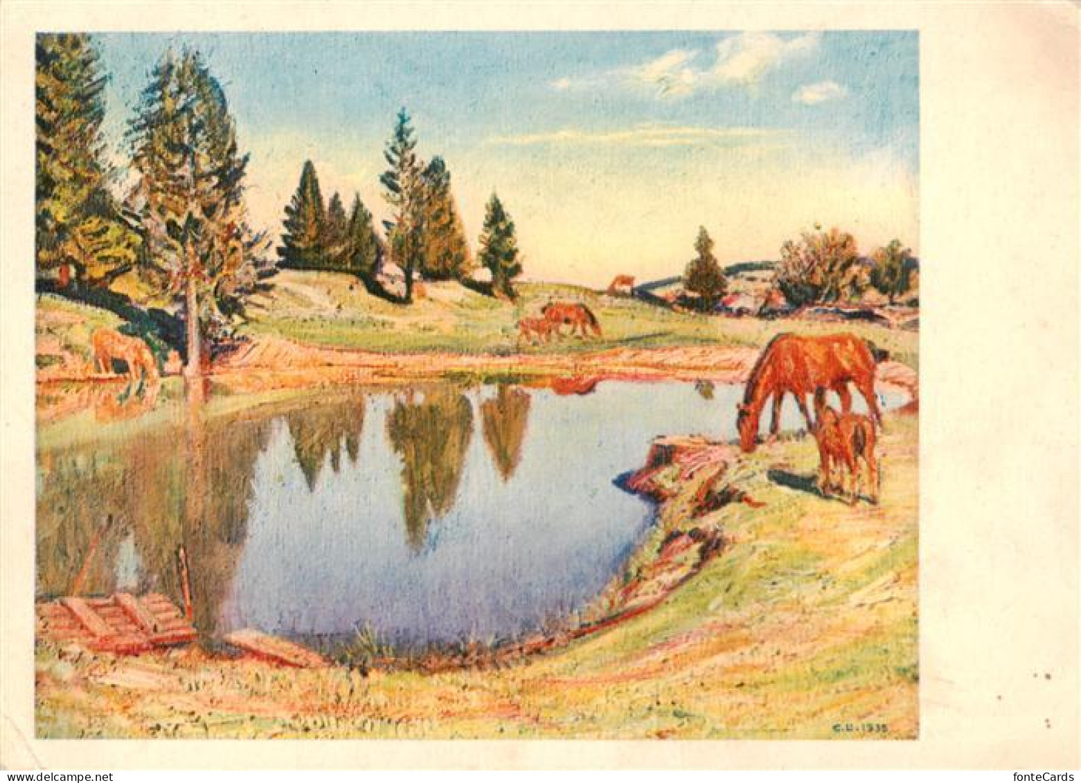 LA CHAUX-DE-FONDS NE Aux Franches Montagnes Lago nelle montagne Kuenstlerkarte