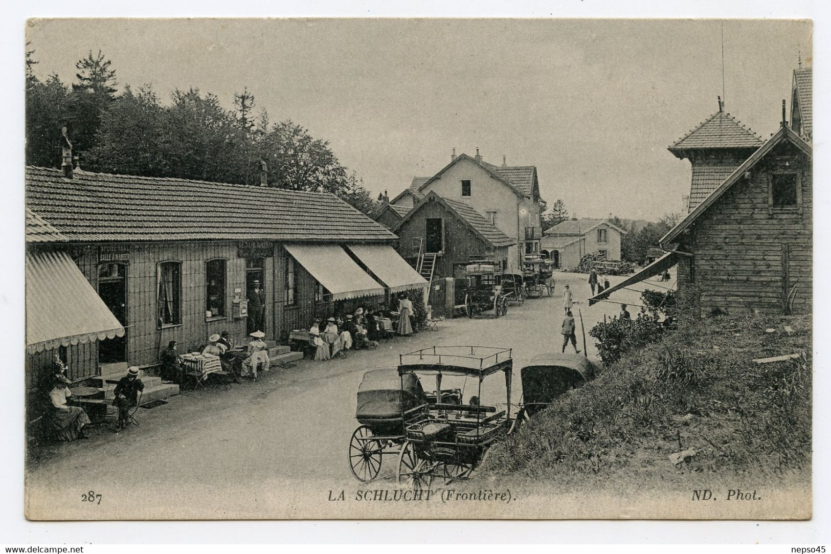 La Frontière de la Schlucht.café restaurant. Attelage de chevaux.Douane.carte animée.cachet voir verso