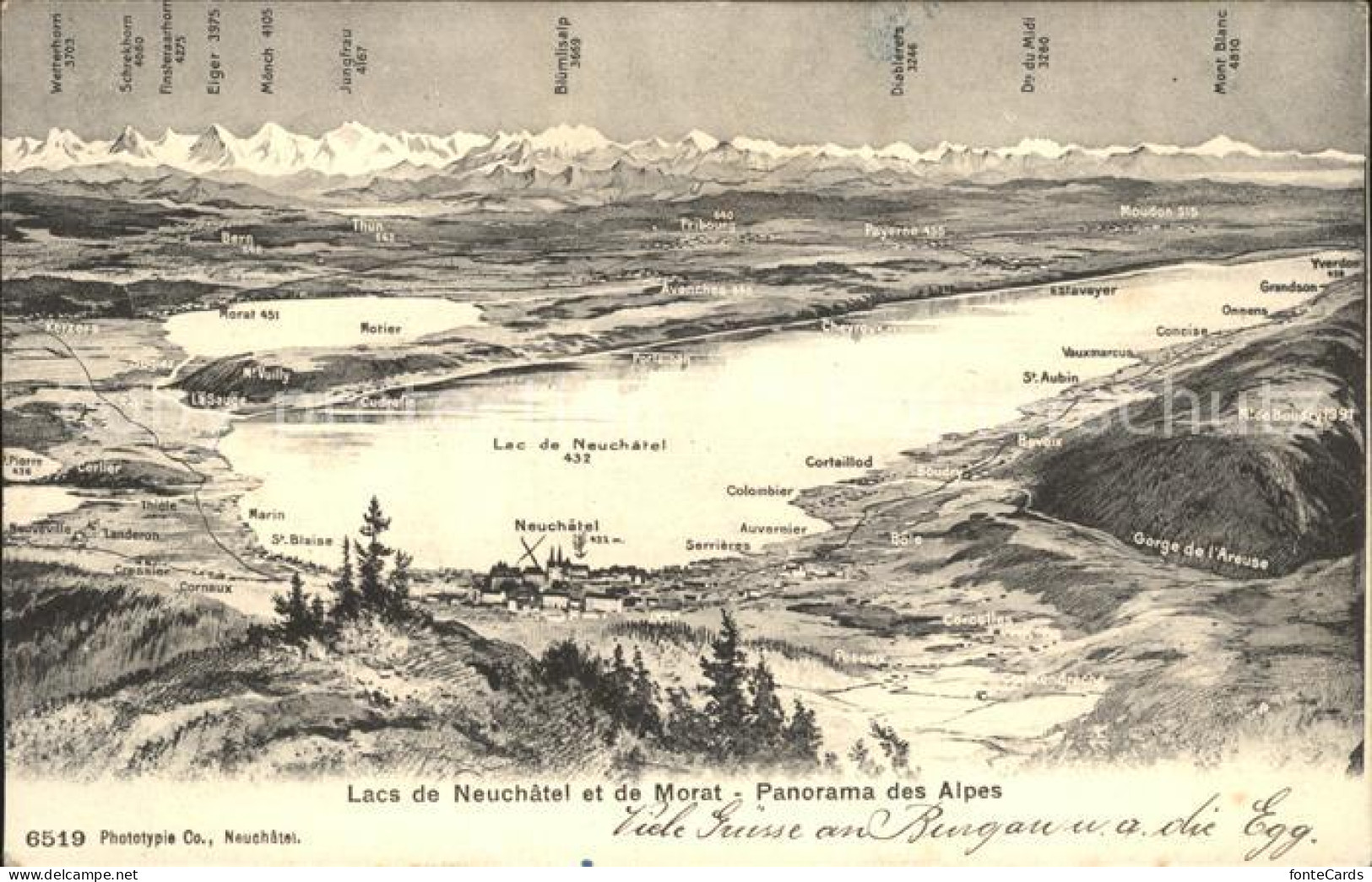 Lac de Neuchatel et Lac de Morat Panorama des Alpes