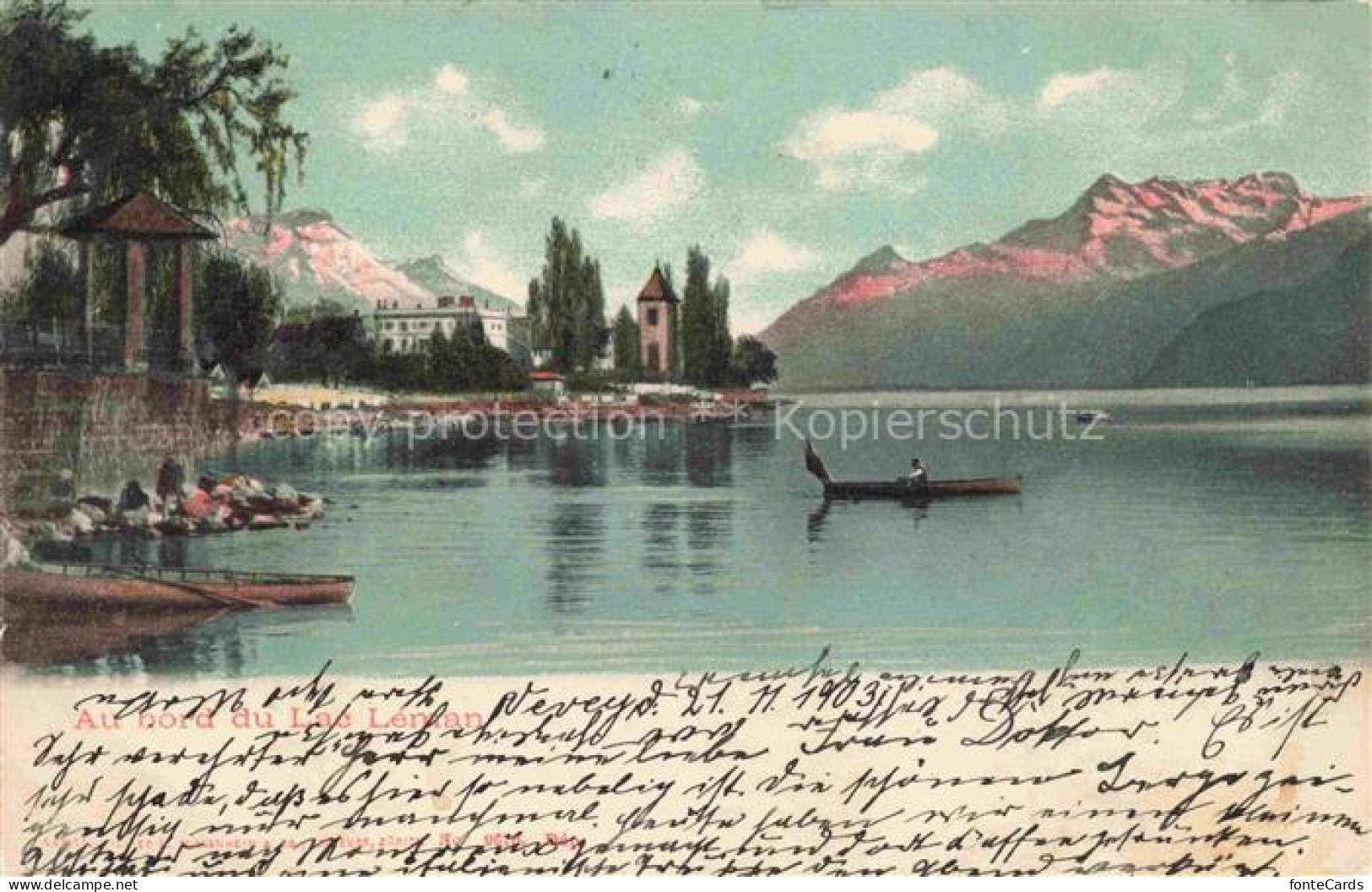 Lac Leman Genfersee GE Lac-Léman Seeufer Boot Kirche Berge Baeume Ruderboot