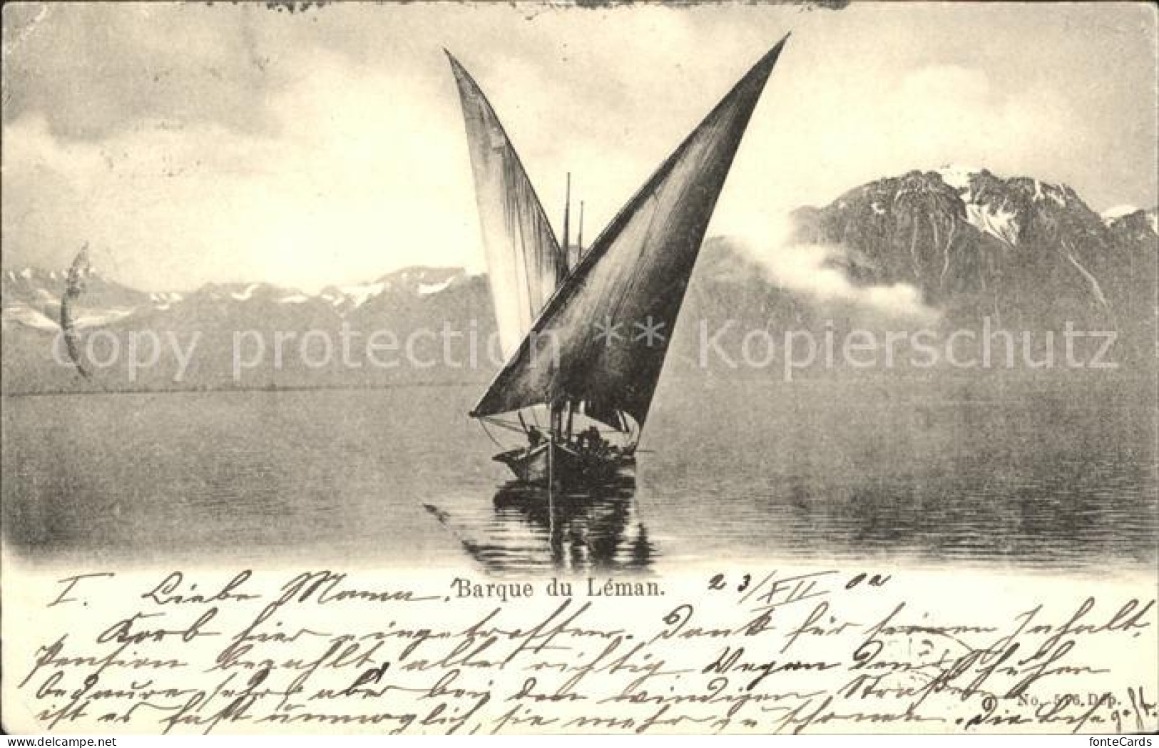 Lac Leman Genfersee Genfersee Segelboot Sonnenuntergang Kuenstlerkarte