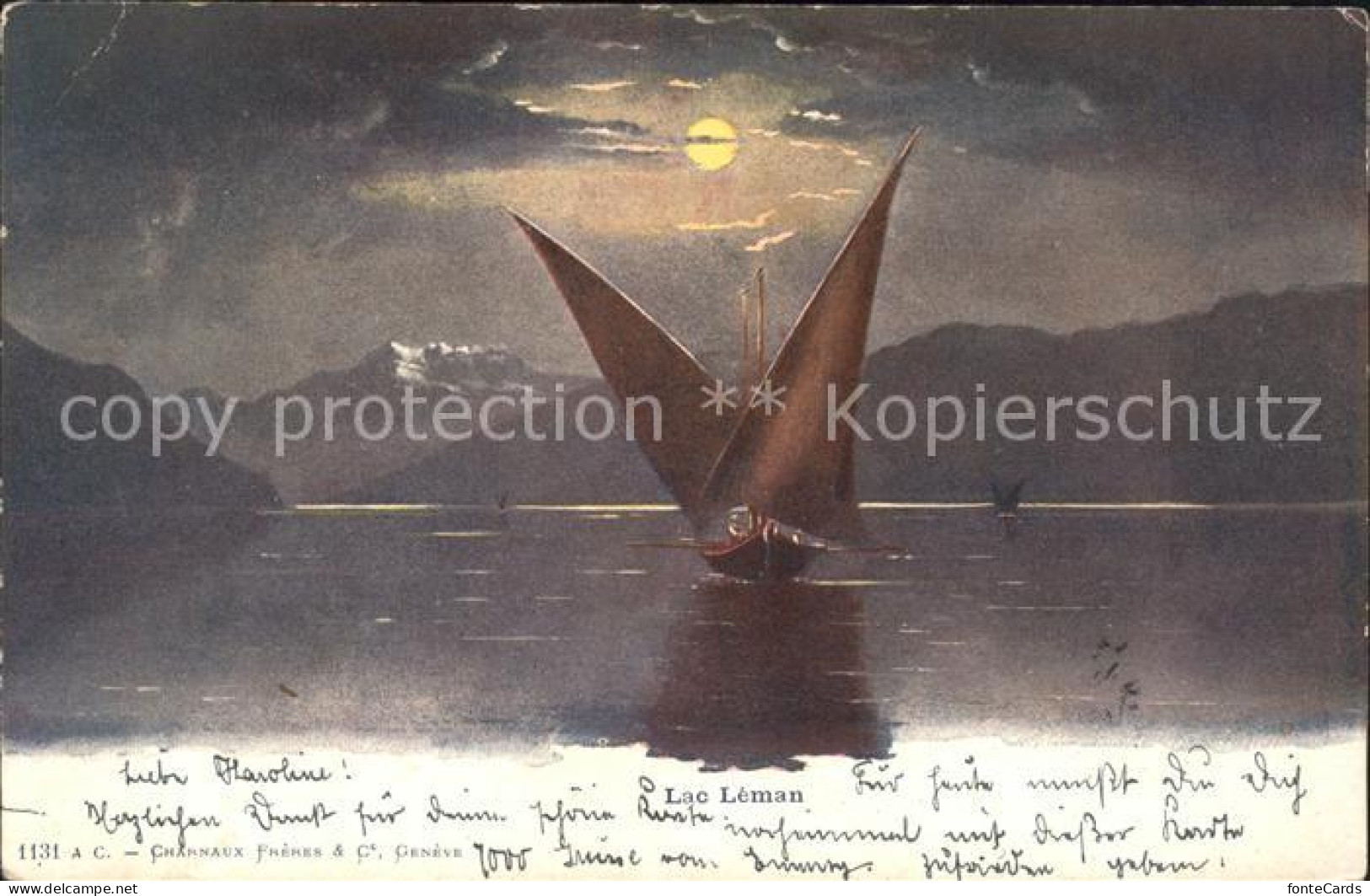 Lac Leman Genfersee Genfersee Segelboot Sonnenuntergang Kuenstlerkarte