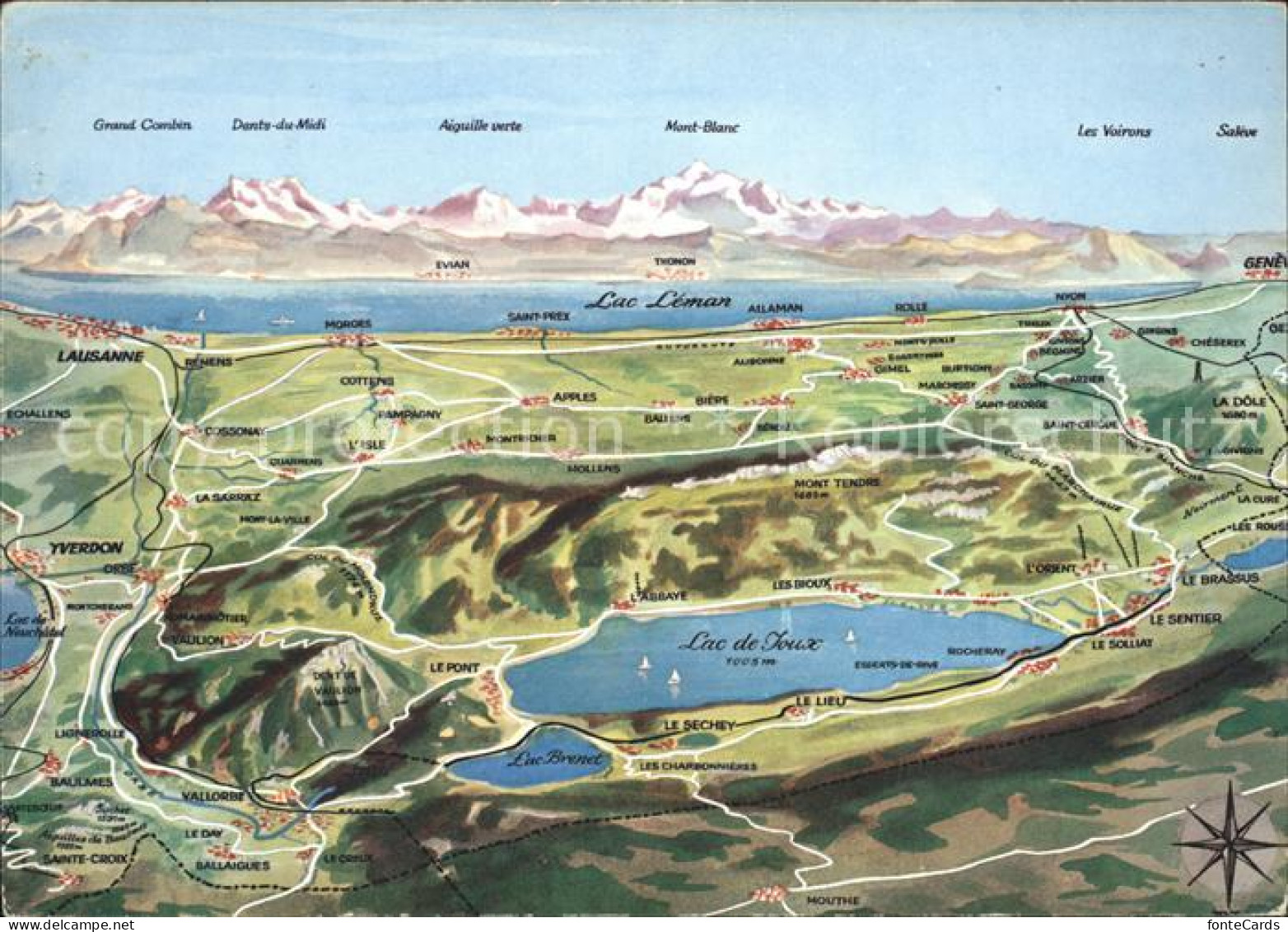 Lac Leman Genfersee mit Lac de Joux Panoramakarte