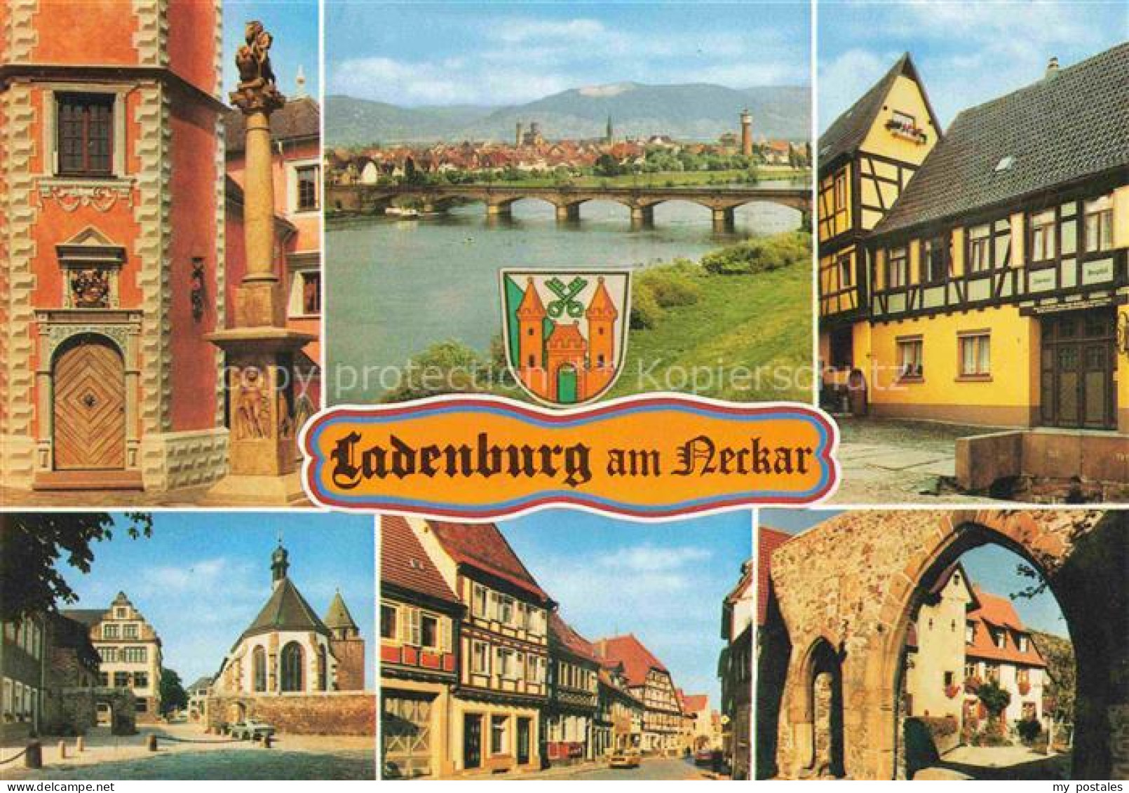 Ladenburg Neckar Bruecke Stadtansicht Kirchturm Fachwerkhaus Stadttor Marktplatz