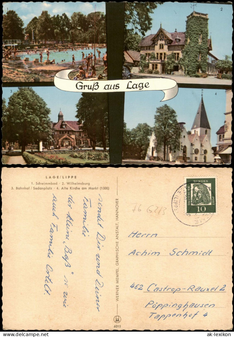 Lage Lippe Mehrbild-AK  Schwimmbad Wilhelmsburg Bahnhof Sedanplatz Markt 1965