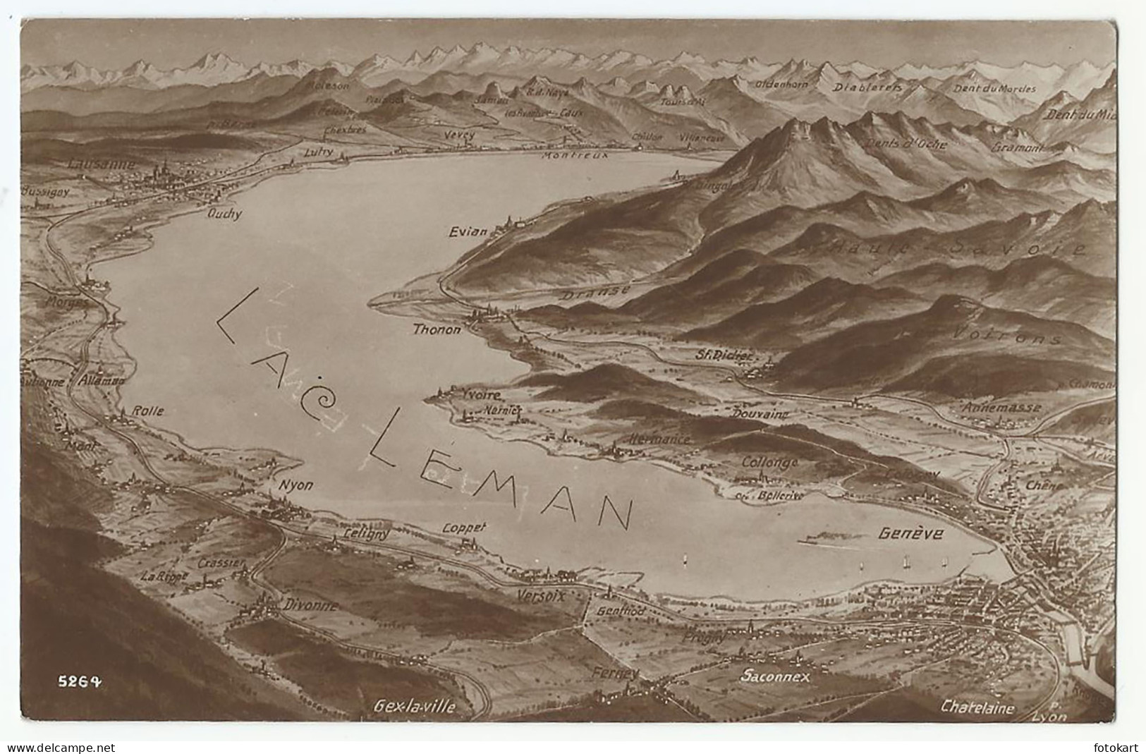 Lake Geneva-Lac Leman Switzerland, Old PC, Illustrated Map