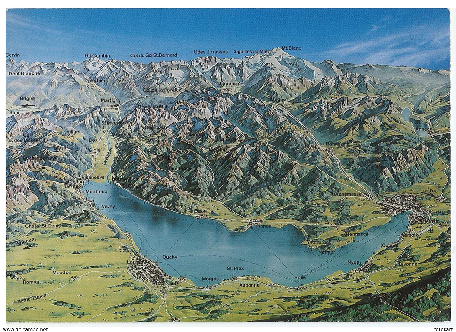 Lake Geneva Region-Switzerland, Vintage PC, Panoramic Map inc. Locations