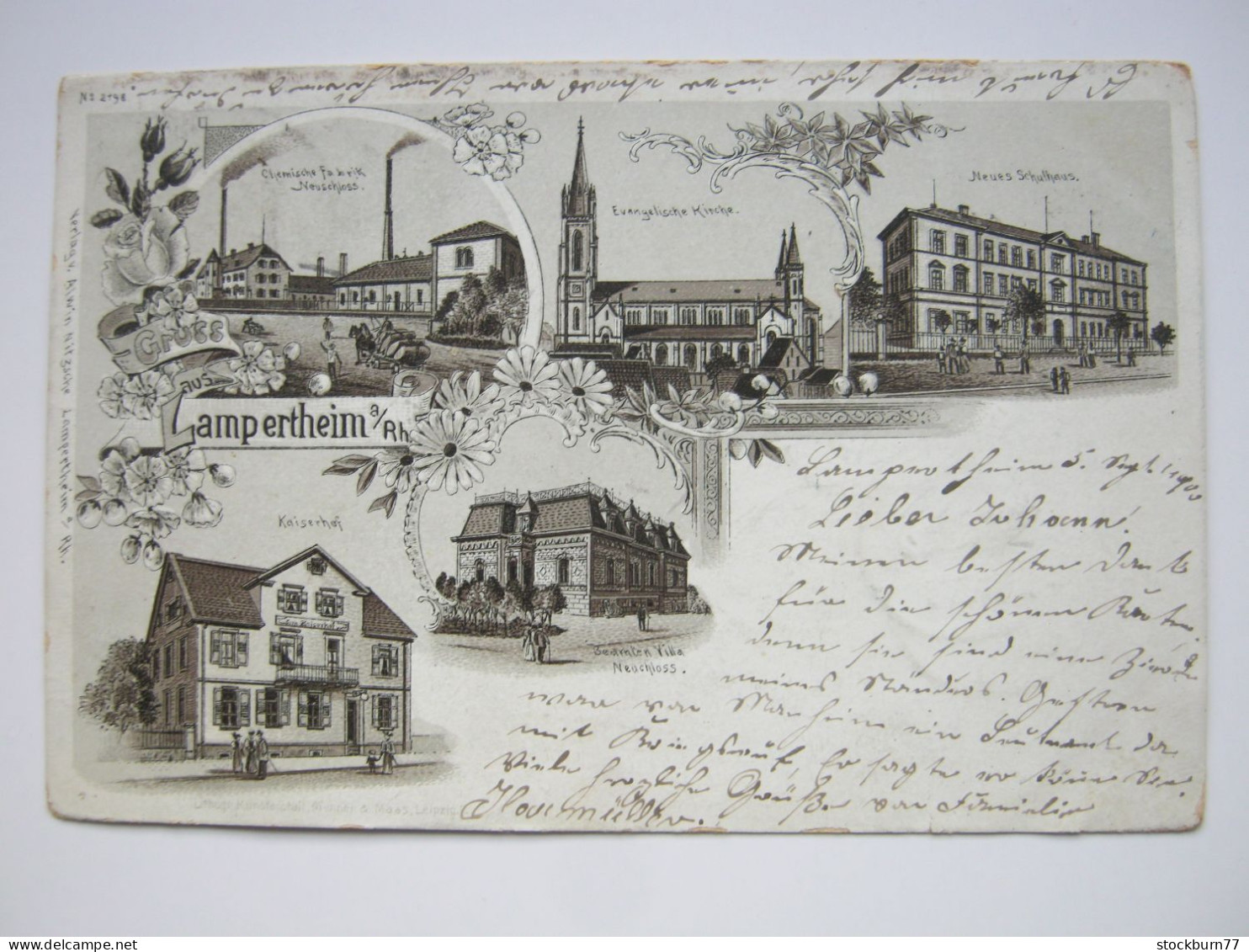 Lampertheim , Gasthof , Fabrik , Schule ,seltene Ansichtskarte um 1900