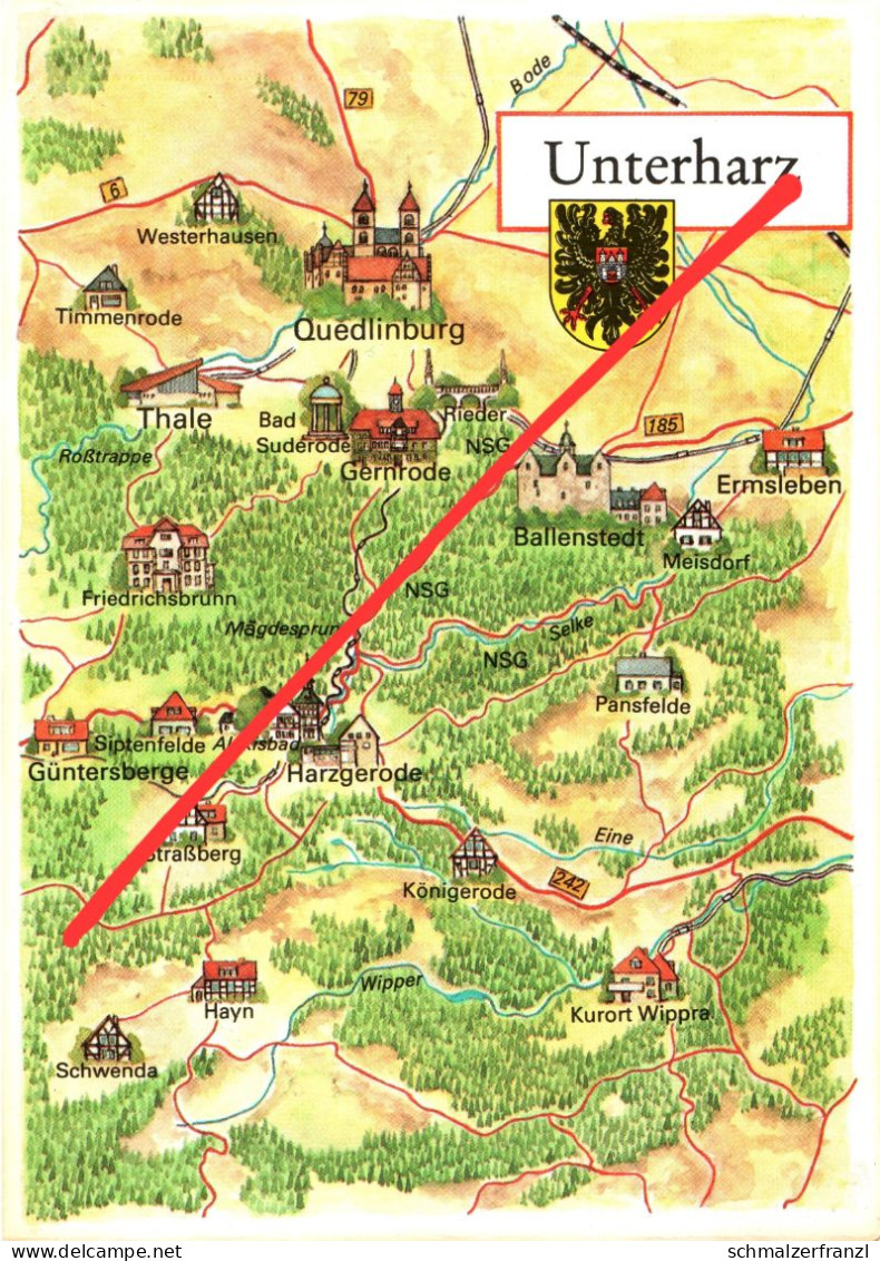Landkarte AK Unterharz Quedlinburg Thale Gernrode Ermsleben Harzgerode Wippra Hayn Schwenda Straßberg Meisdorf Harz DDR