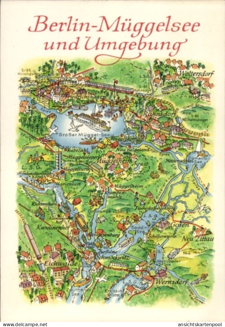 Landkarten CPA Berlin Müggelsee, Friedrichshagen, Rahnsdorf, Müggelheim, Eichwalde, Schmöckwitz