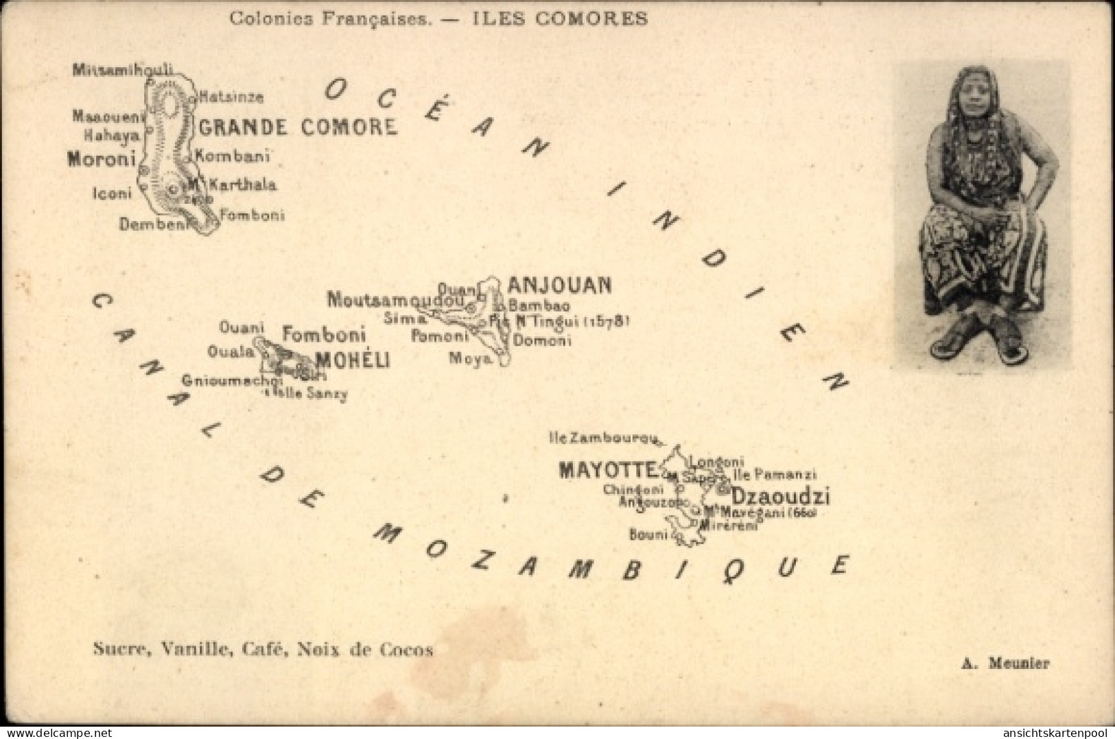 Landkarten CPA Komoren, Französische Kolonie, Anjouan, Mayotte, Moheli, Grande Comore, Frau