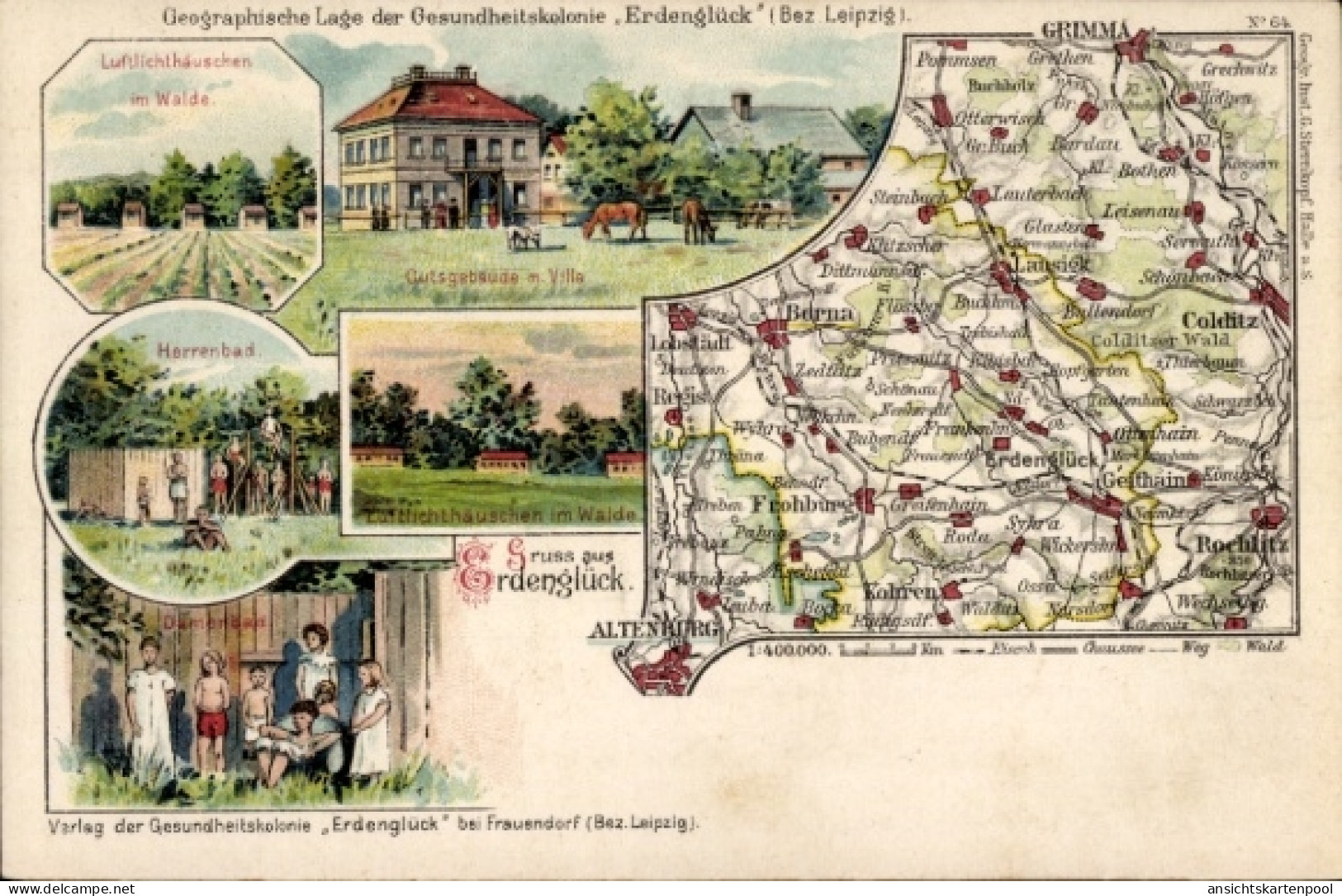 Landkarten Lithographie Frauendorf Frohburg in Sachsen, Gesundheitskolonie Erdenglück, Gutsgebäude, Villa