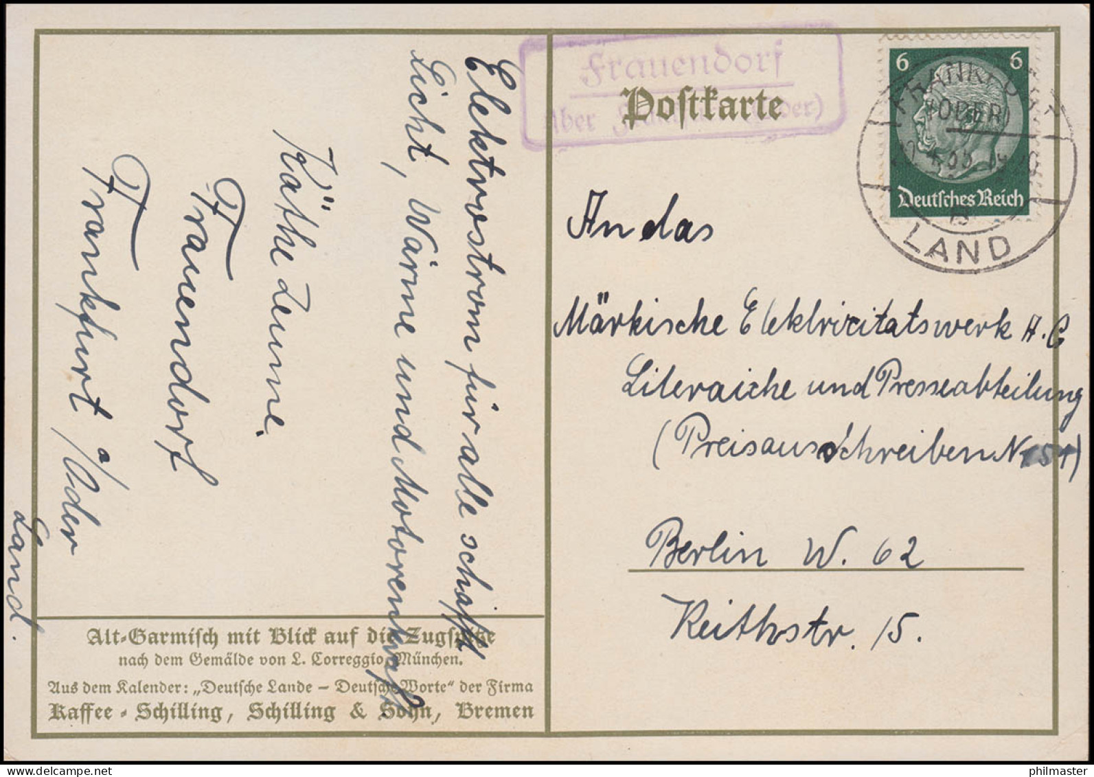 Landpost Frauendorf über FRANKFURT (ODER) LAND 20.4.1935 auf AK Alt-Garmisch
