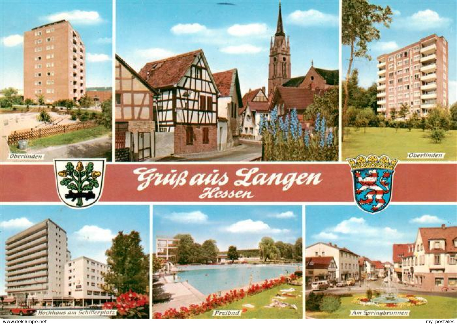 Langen Hessen Oberlinden Kirche Hochhaus am Schillerplatz Freibad Springbrunnen