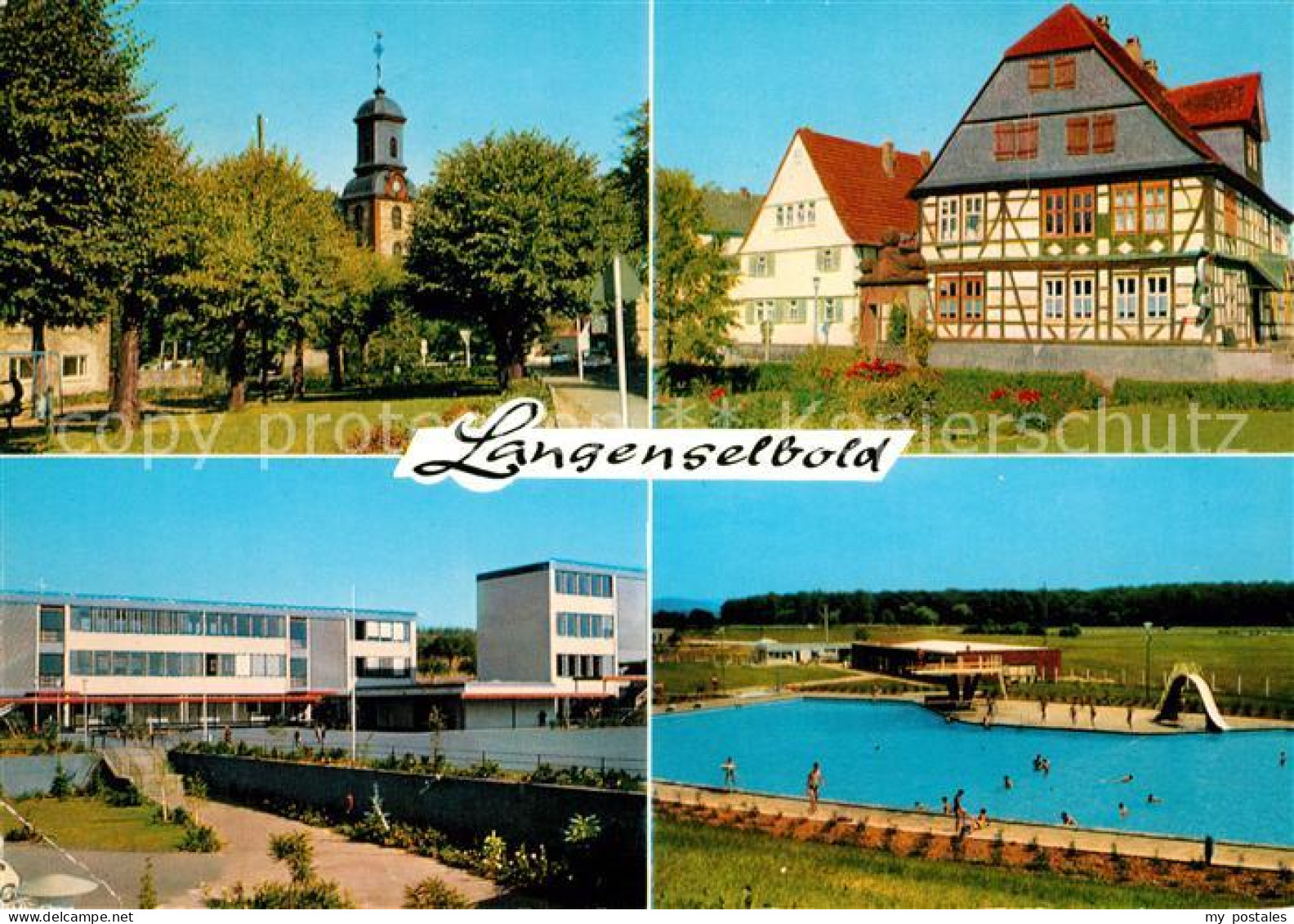 Langenselbold Kirche Marktplatz mit goldenem Engel Schule am Weinberg Schwimmbad