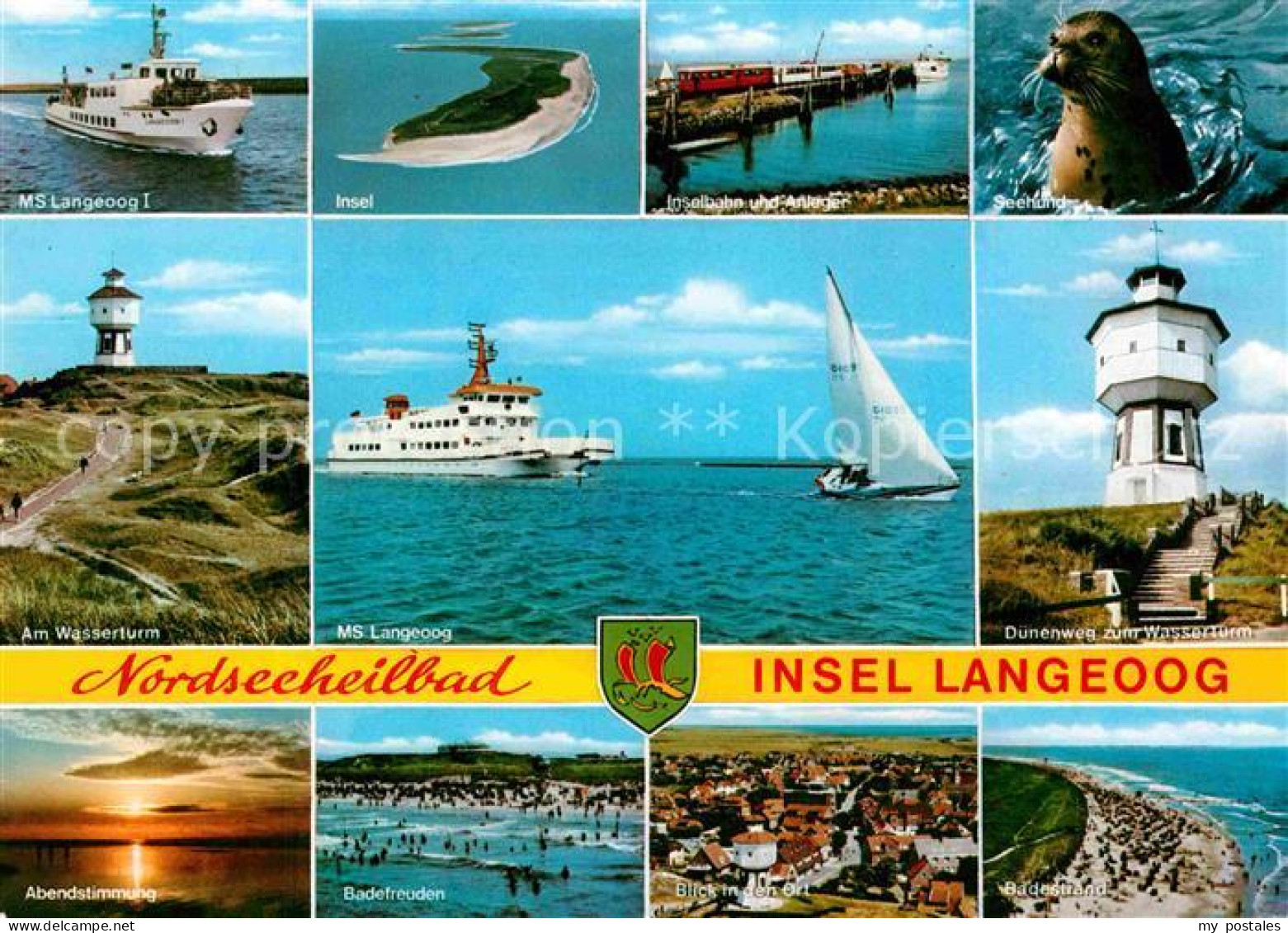 Langeoog Nordseebad MS Langeoog Insel Inselbahn Bootsanleger Seehund Duenen Wass
