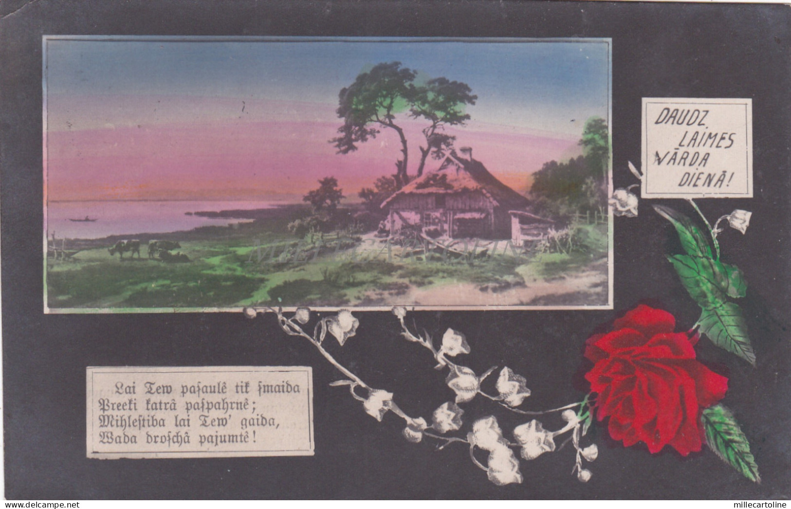 LATVIA - Daudz Laimes Varda Diena! Postcard 1924 Roses and View