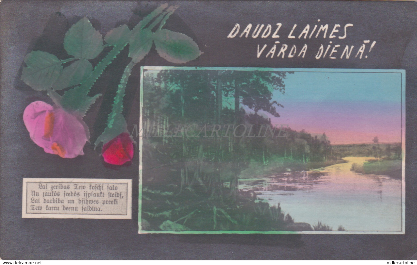 LATVIA - Daudz Laimes Varda Diena! Postcard 1925 Roses and View