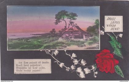 LATVIA - Daudz Laimes Varda Diena! Postcard 1924 Roses and View