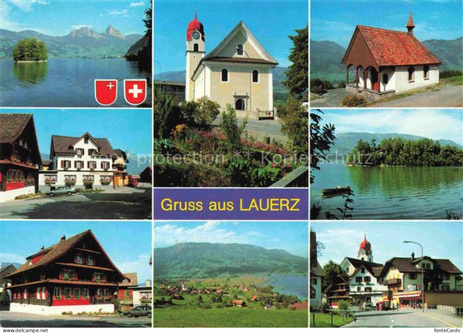 Lauerz Schwyz SZ mit Inseli Schwanau Kapelle Kirche Bauernhaus Panorama