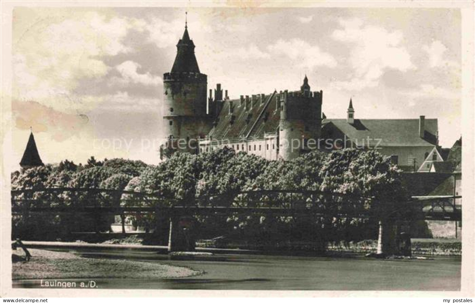 Lauingen Donau Bayern Schloss Bruecke Fluss Turm Baeume Burganlage Stadtansicht