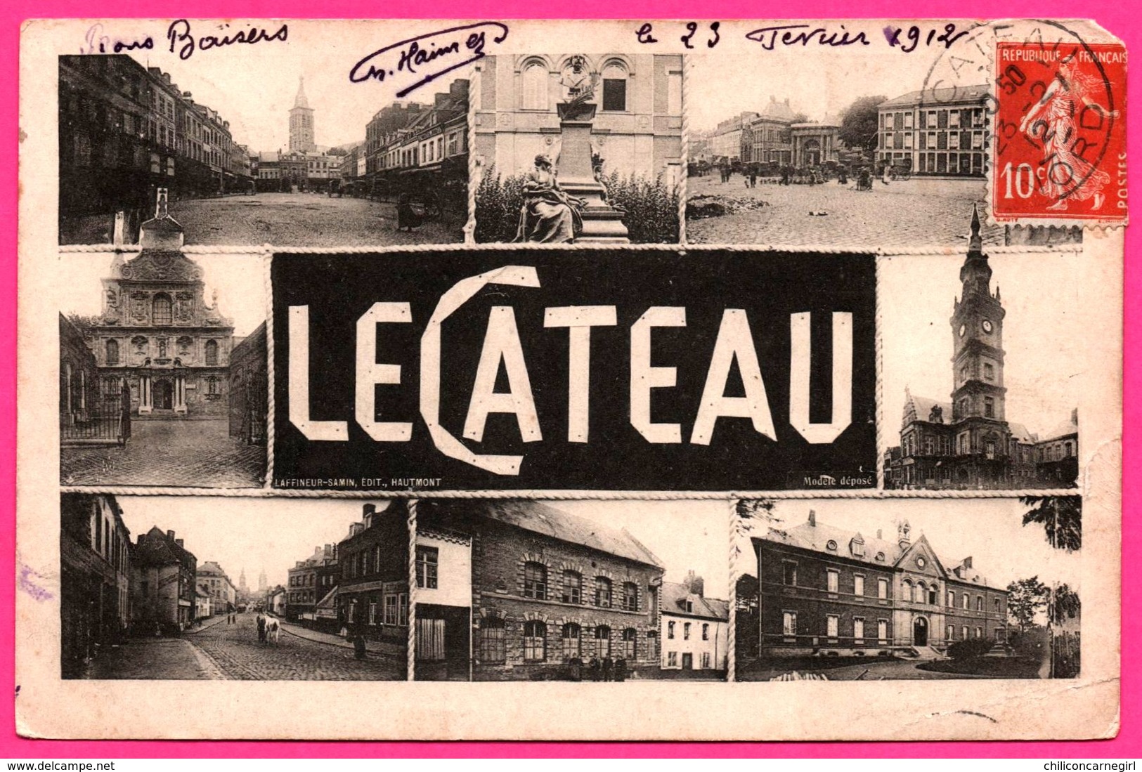 Le Cateau - Multivues - Statue - Eglise - Animée - Edit. LAFFINEUR SAMIN - 1912 - Oblit. TOURNAI DOORNIJK - LE CATEAU