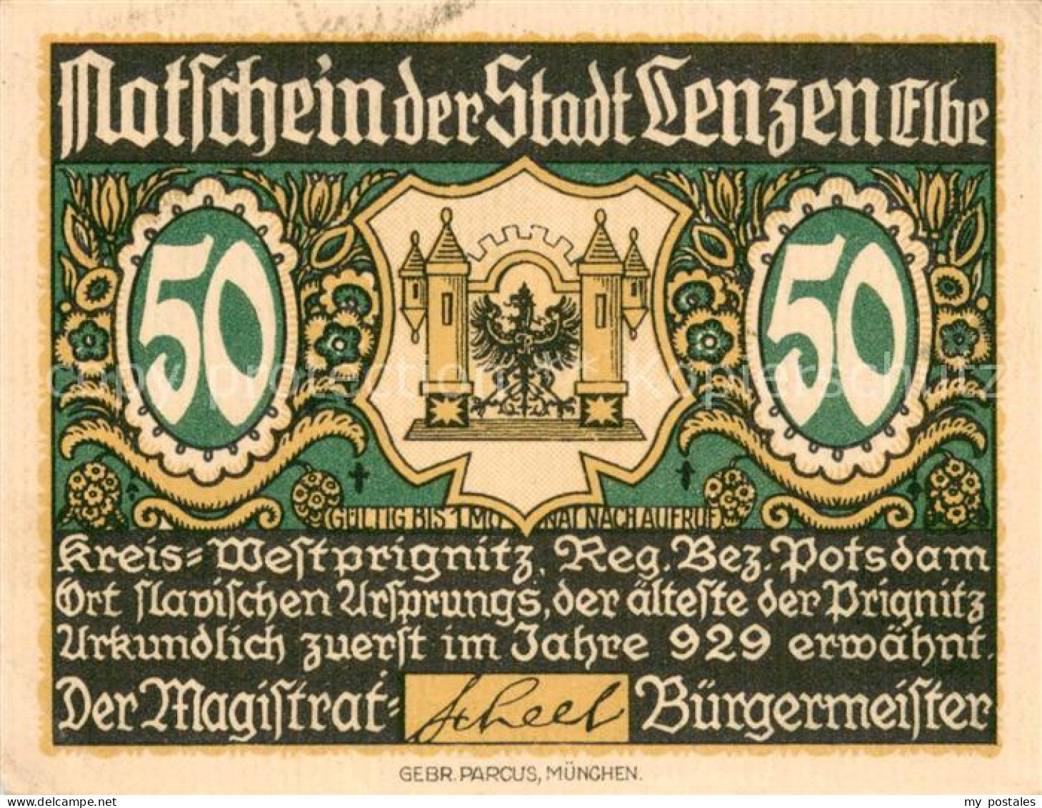 Lenzen Elbe 50 Pfennig Notgeld Lenzener Herdbuchgesellschaft