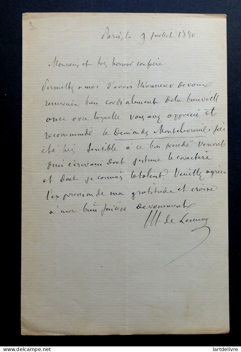 LESCURE Adolphe (de) - LETTRE AUTOGRAPHE SIGNÉE, LETTRE DE REMERCIEMENTS, 1880