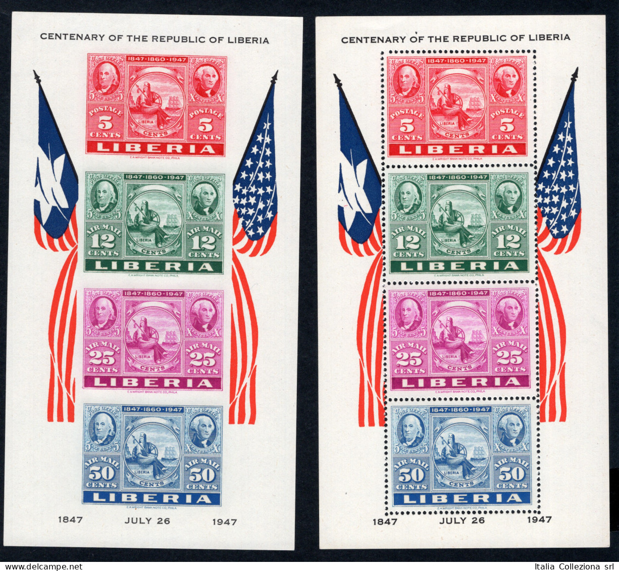 Liberia - 1947 - BF Centenario dell'Indipendenza dent. e non dent., Yvert n° 1. Certificato: Biondi. Cat. € 400 - MNH