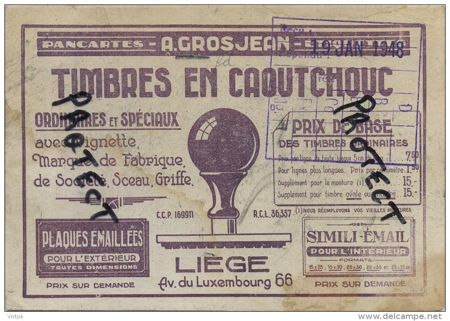 Liège - Luik :  A. Grosjean : Timbres en caoutchouc  (  2 scan )  reclame