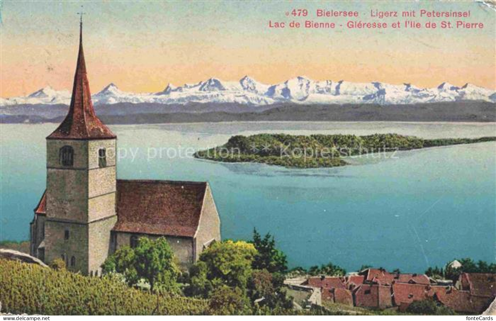 Ligerz Bielersee BE Panorama Blick auf St. Petersinsel Bielersee Kirche Alpen