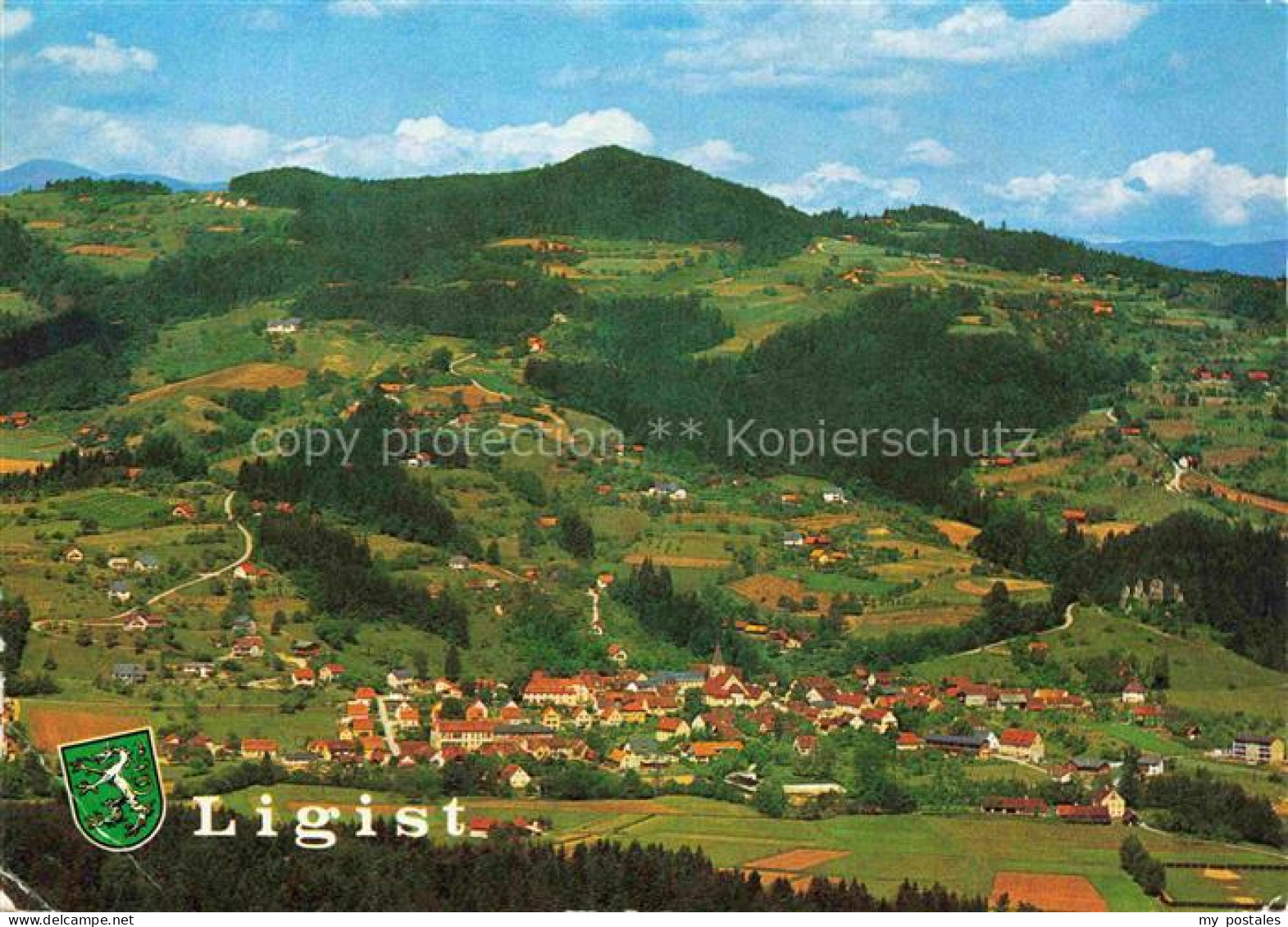 Ligist Steiermark AT Ortszentrum Bergpanorama Sommerfrische Huegel Kirchturm Luf