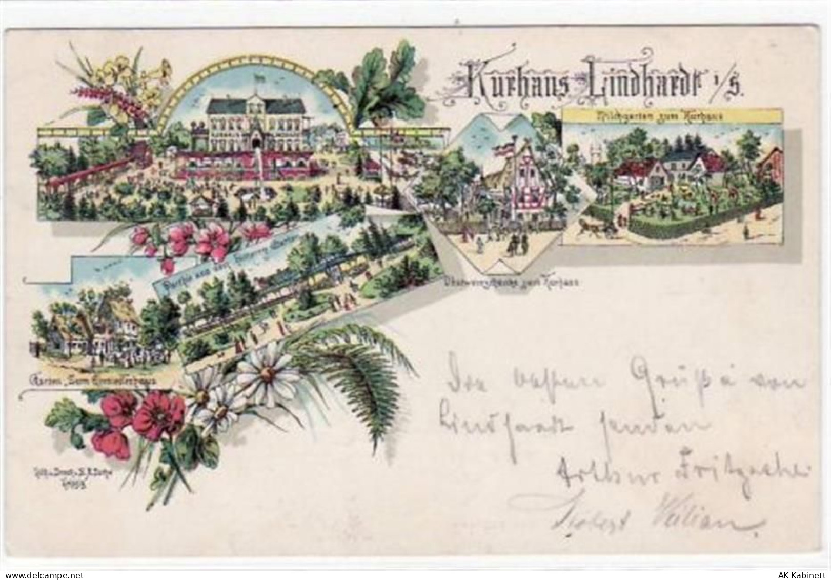 Lindhardt bei Naunhof, Lithographie mit fünf Abbildungen vom Kurhaus gel... - 39020253