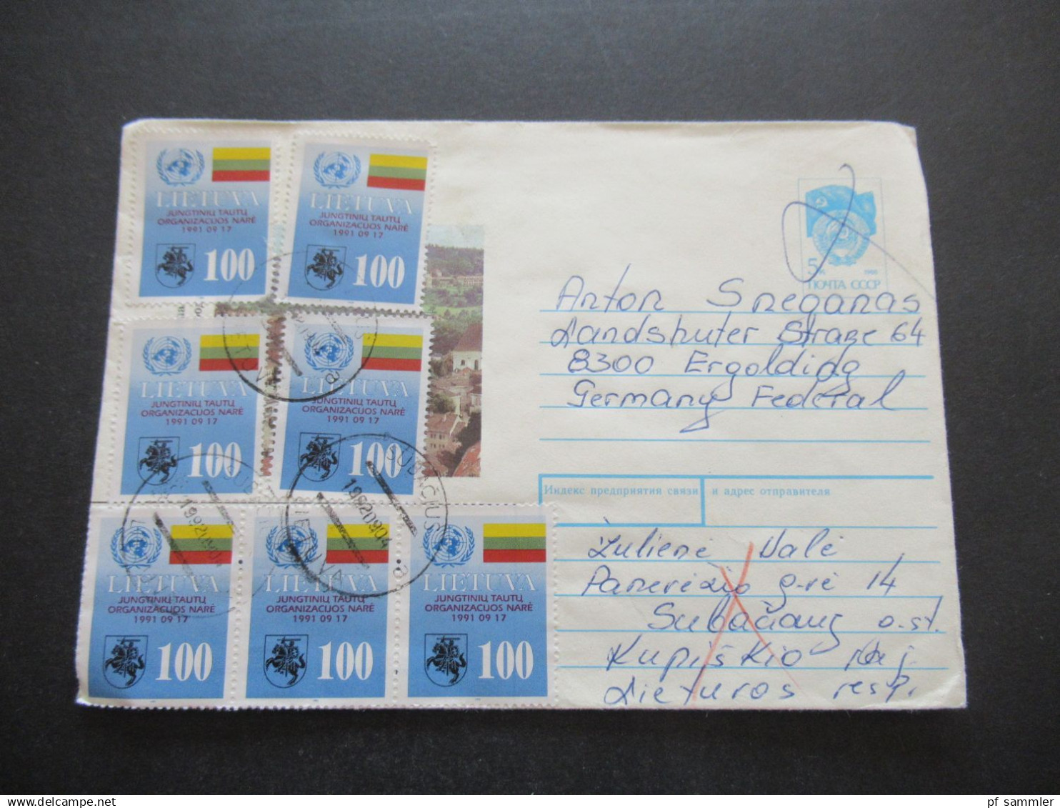 Litauen / Lietuva 1991 MeF auf russischer Ganzsache / GA Umschlag Marke durchgestrichen! nach Ergolding gesendet