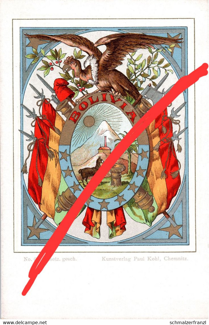 Litho AK Bolivien Bolivia Bolivie Wappen Escudo de Armas Anden Andes La Paz Heraldik Heraldique Paul Kohl Chemnitz
